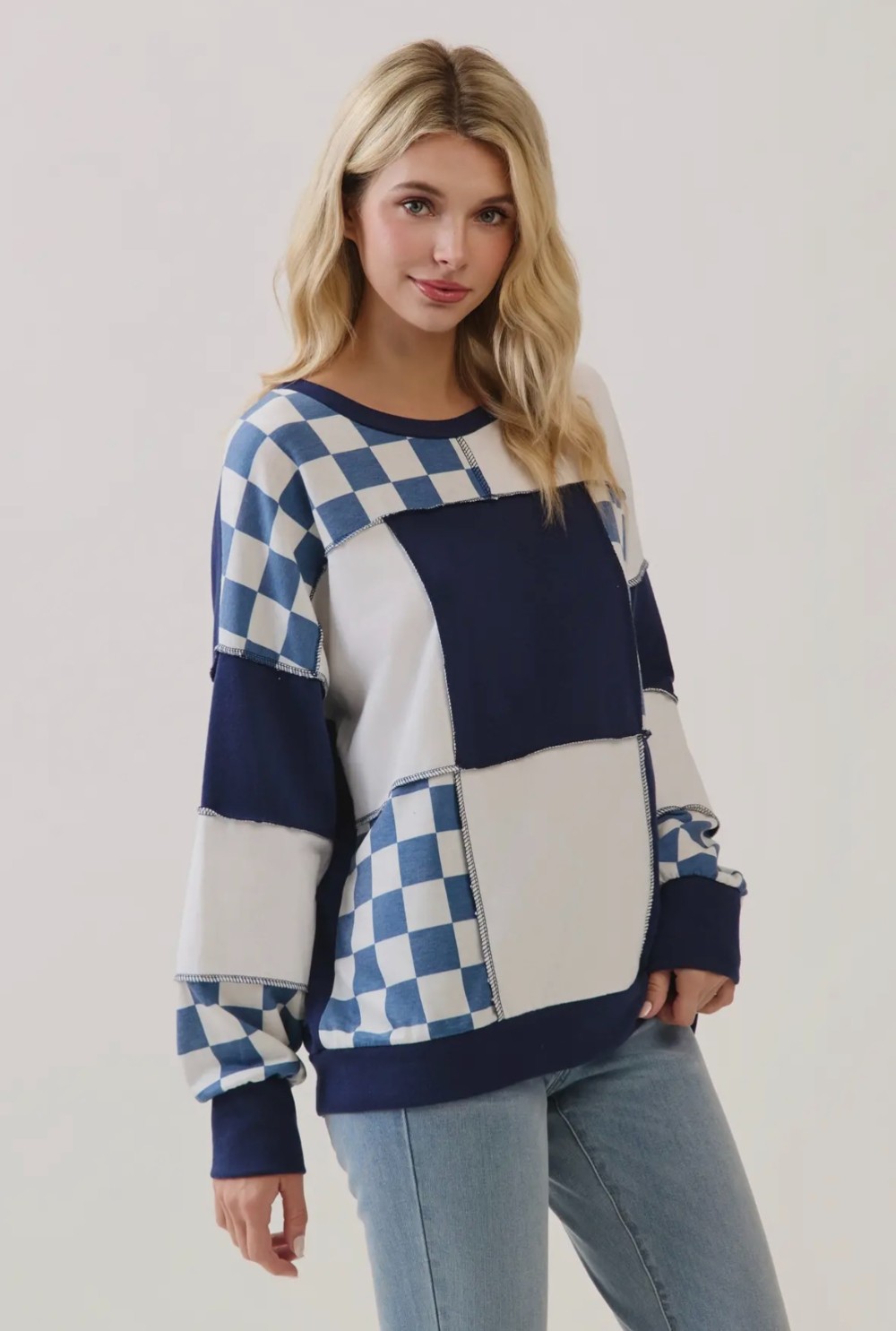 Checkered Print Patchwork Pullover Top- Blue