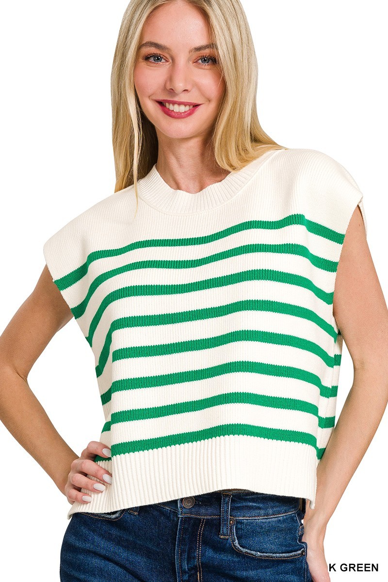 Oversized Crew Neck Stripe Sweater Vest - Green