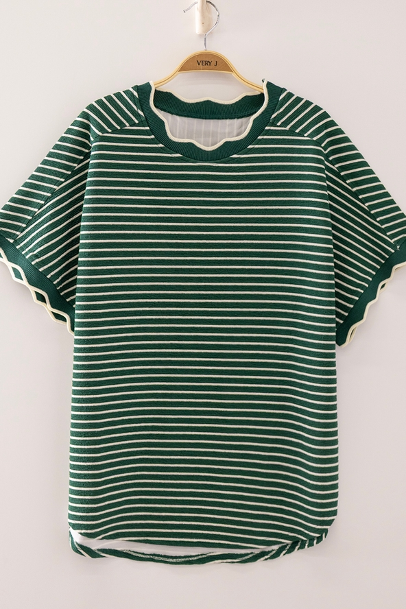 Scallop Trim Stripe Knit Top