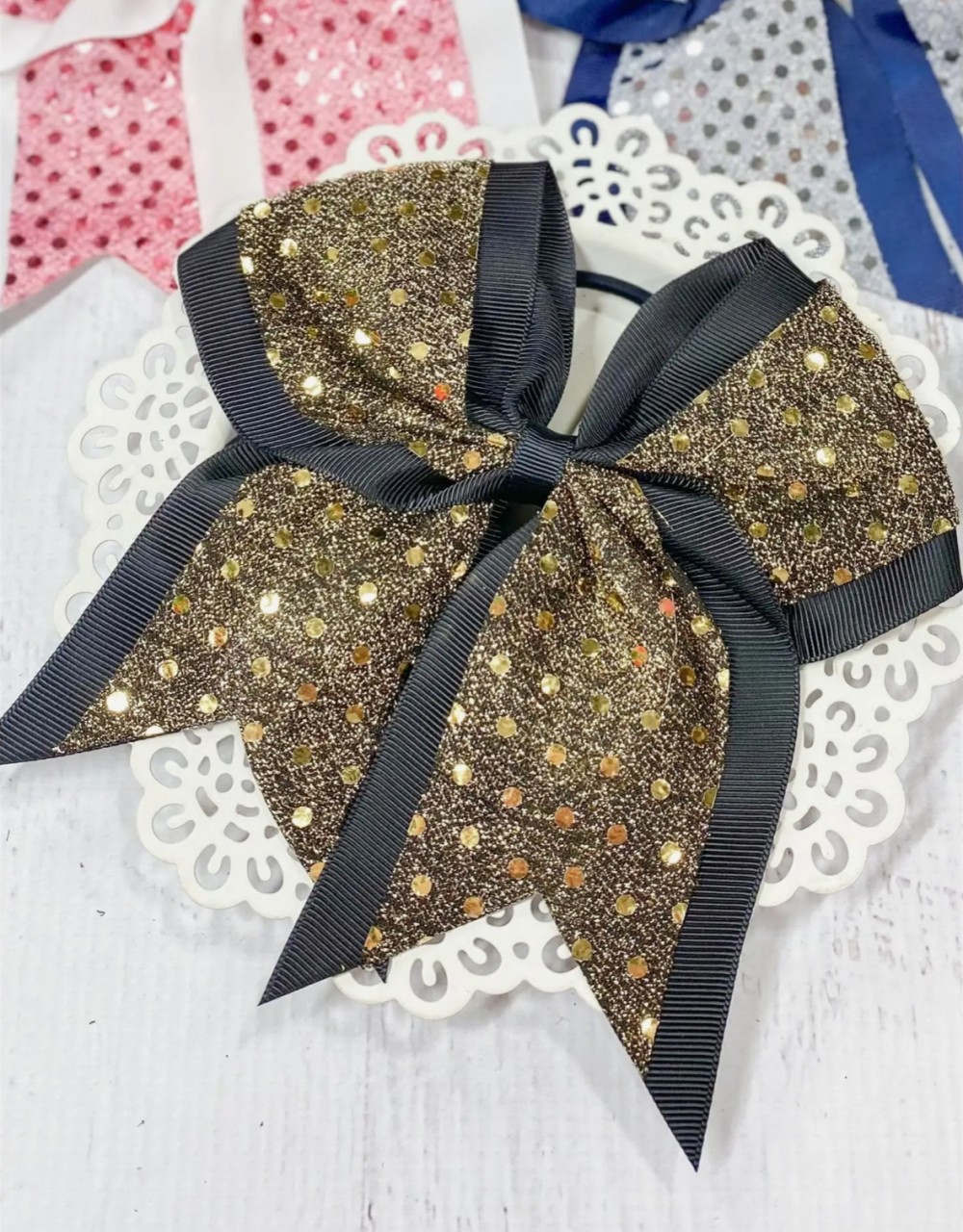 Sequin Cheer Hair Bow Pony-O - Black/Gold