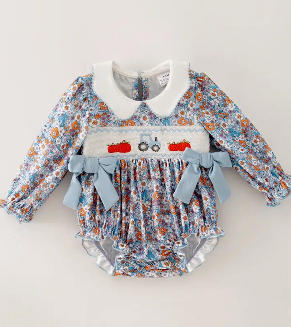 Blue Floral Fall Pumpkin Bubble Baby Romper