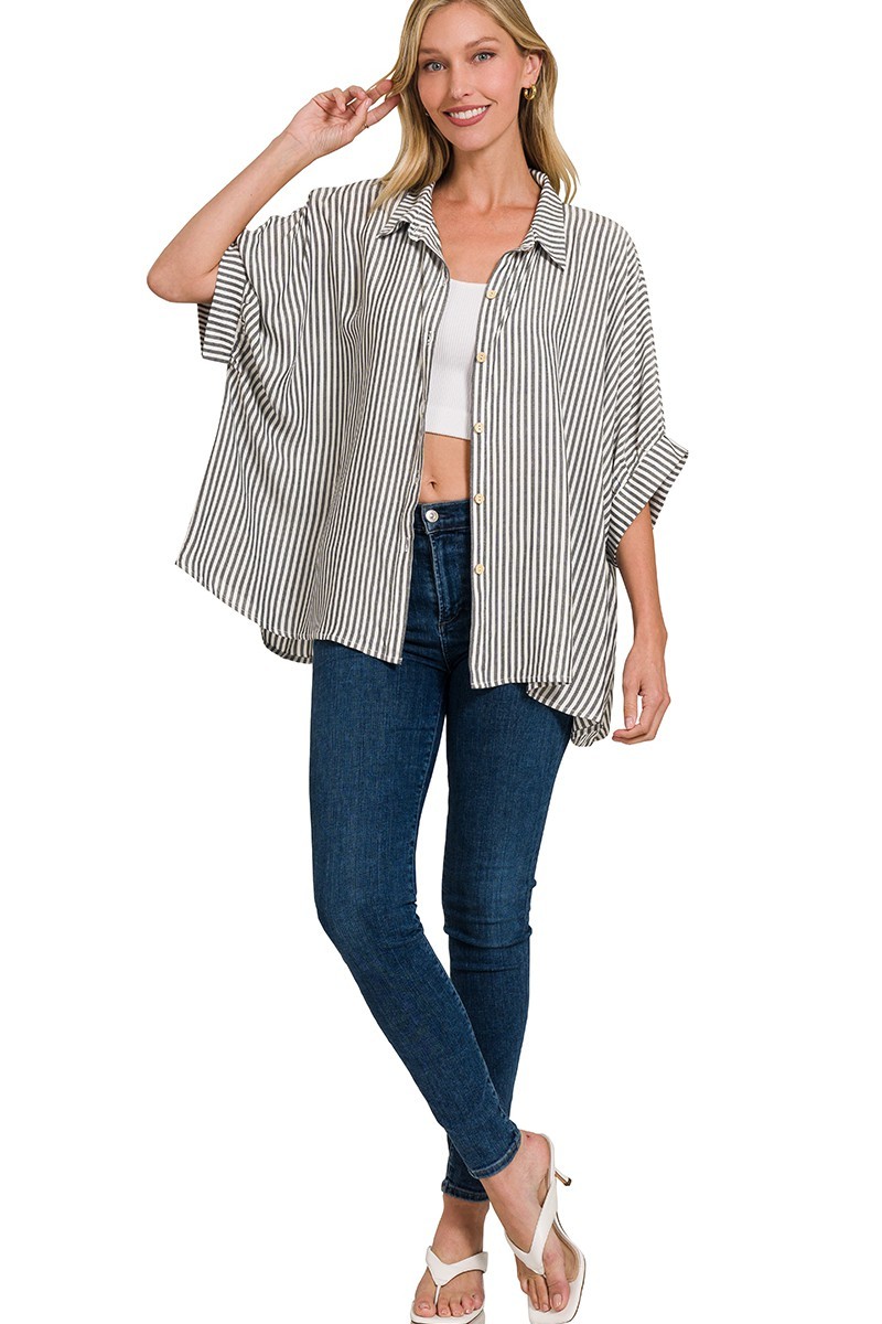 Rayon Striped Short Sleeve Button Up Shirt - Black