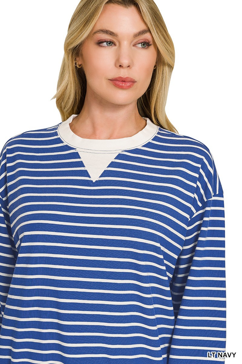 Striped Rib Banded Pullover - Navy