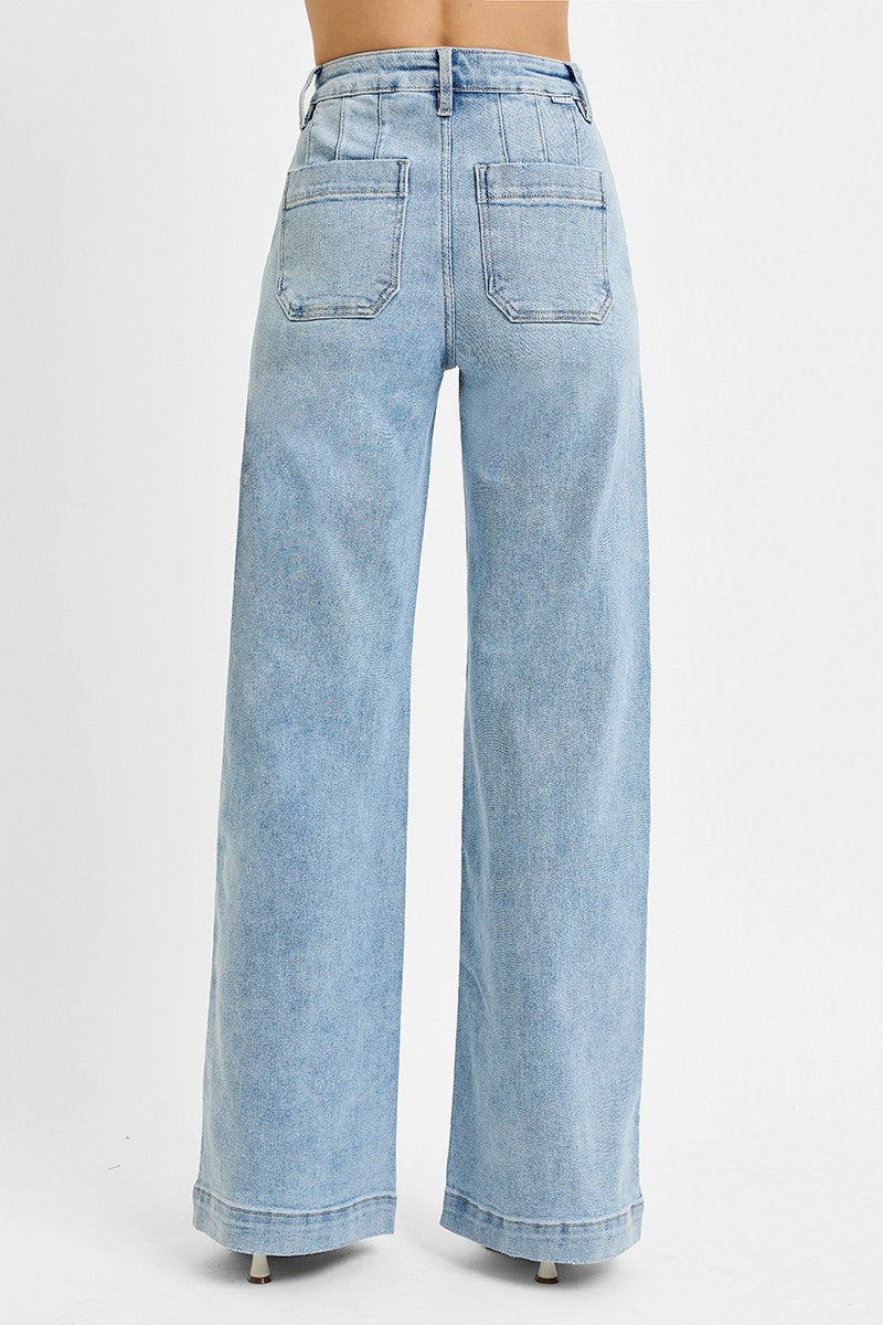 RISEN High Rise Wide Leg Slanted Pocket Jeans