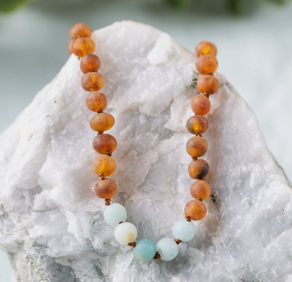 Amazonite + Raw Baltic Amber Beaded Necklace 14-15in
