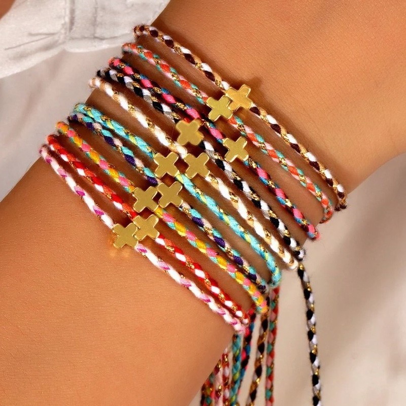 18K Stainless Steel Corded Cross Charm Bracelet - Multi Red