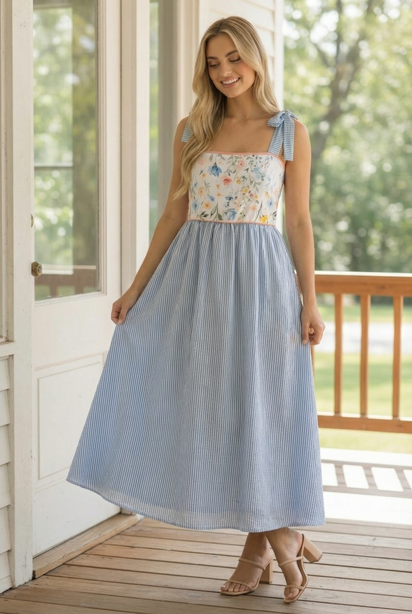 Floral Print Tube Top Bow Strap Dress -Blue