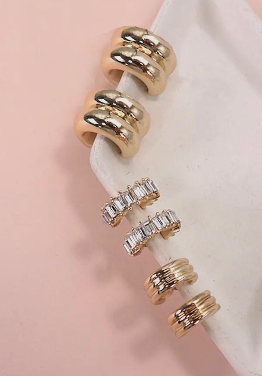 Baguette Stone Double Hoop Huggie Trio Earrings