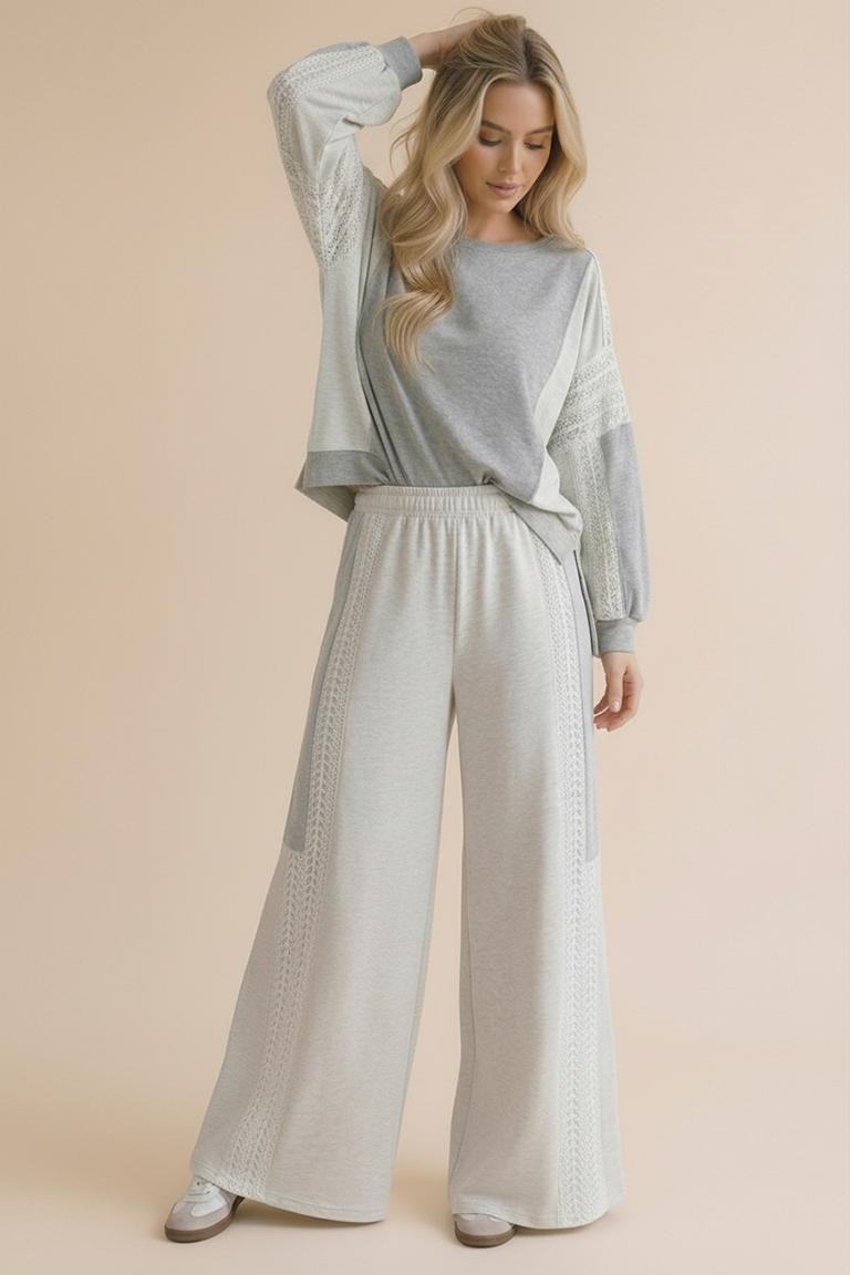 French Terry Lace Color Block Wide Pants