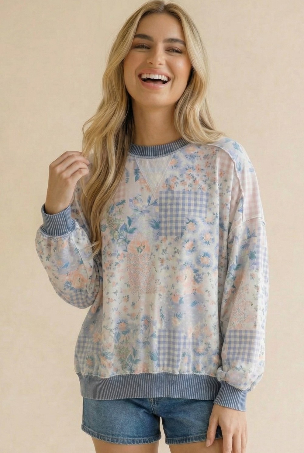 Triangle Oversized Long Sleeve Patchwork Top