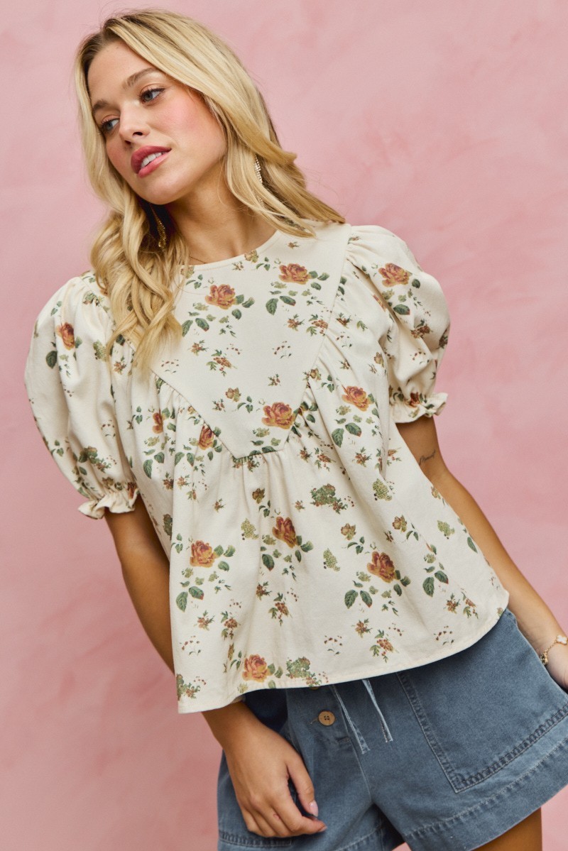 FLORAL ROSE PRINT DENIM SHORT SLEEVES TOP