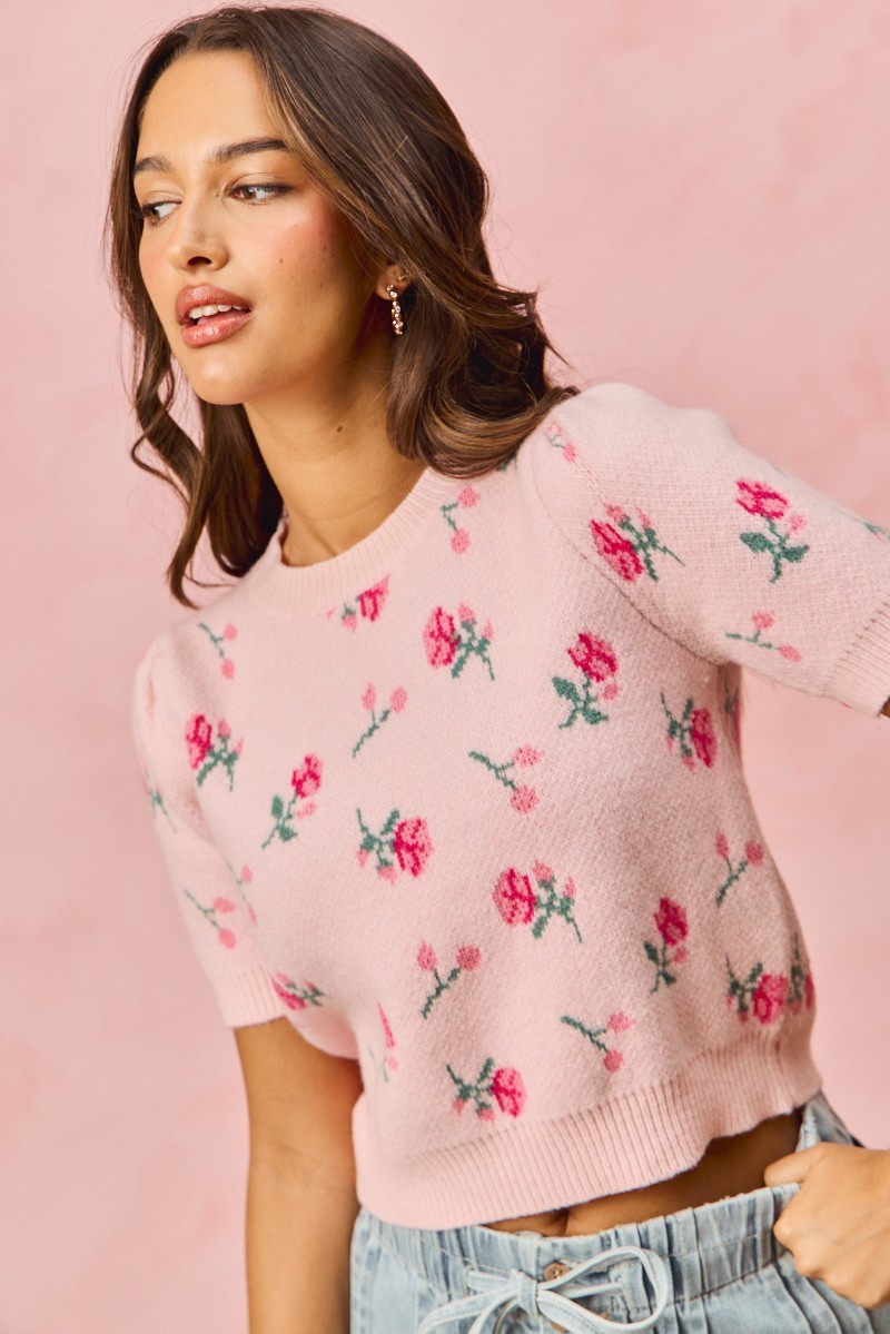 Floral Pattern Knit Puff Sleeves Sweater Top