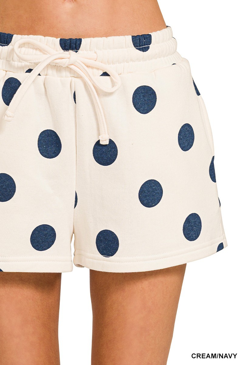Fleece Polka Dot Print Round Neck Pullover & Shorts Set - Cream/Navy