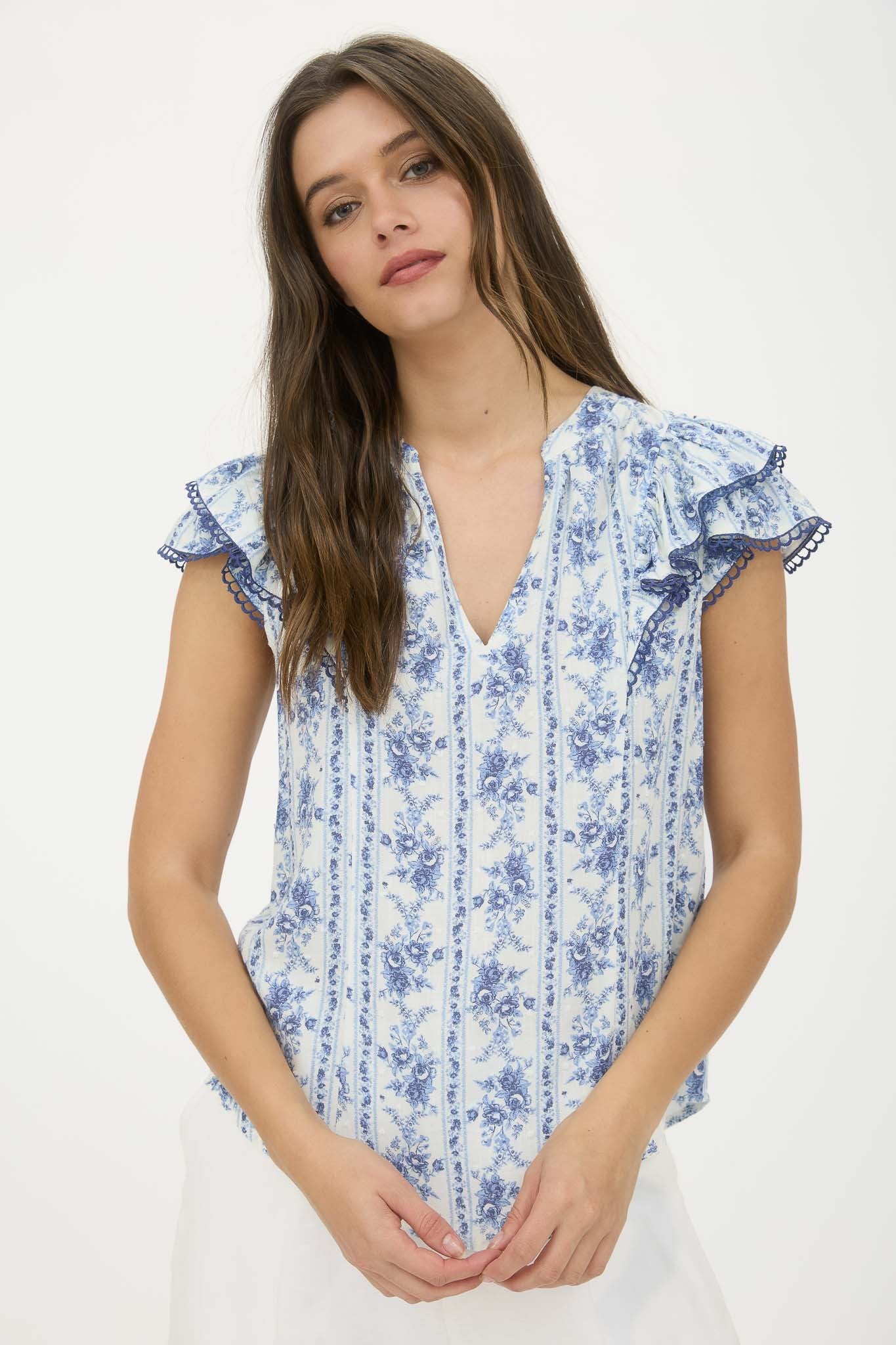 Stripe Floral Split Neck Ruffle Sleeve Top