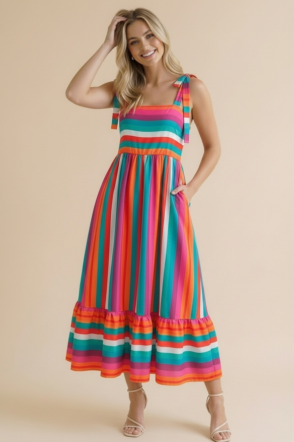 Tie Shoulder Square Neck Striped Maxi Dress