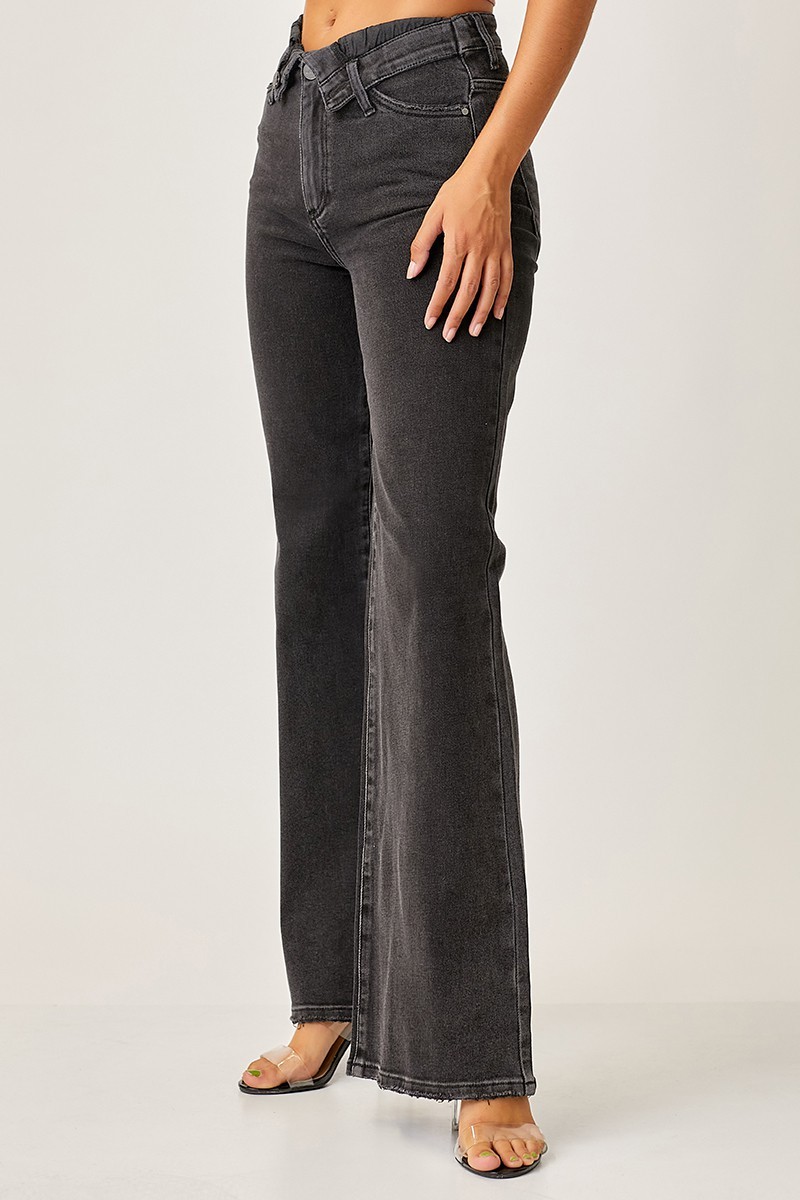 Mid Rise Flap Slim Wide Leg Jeans