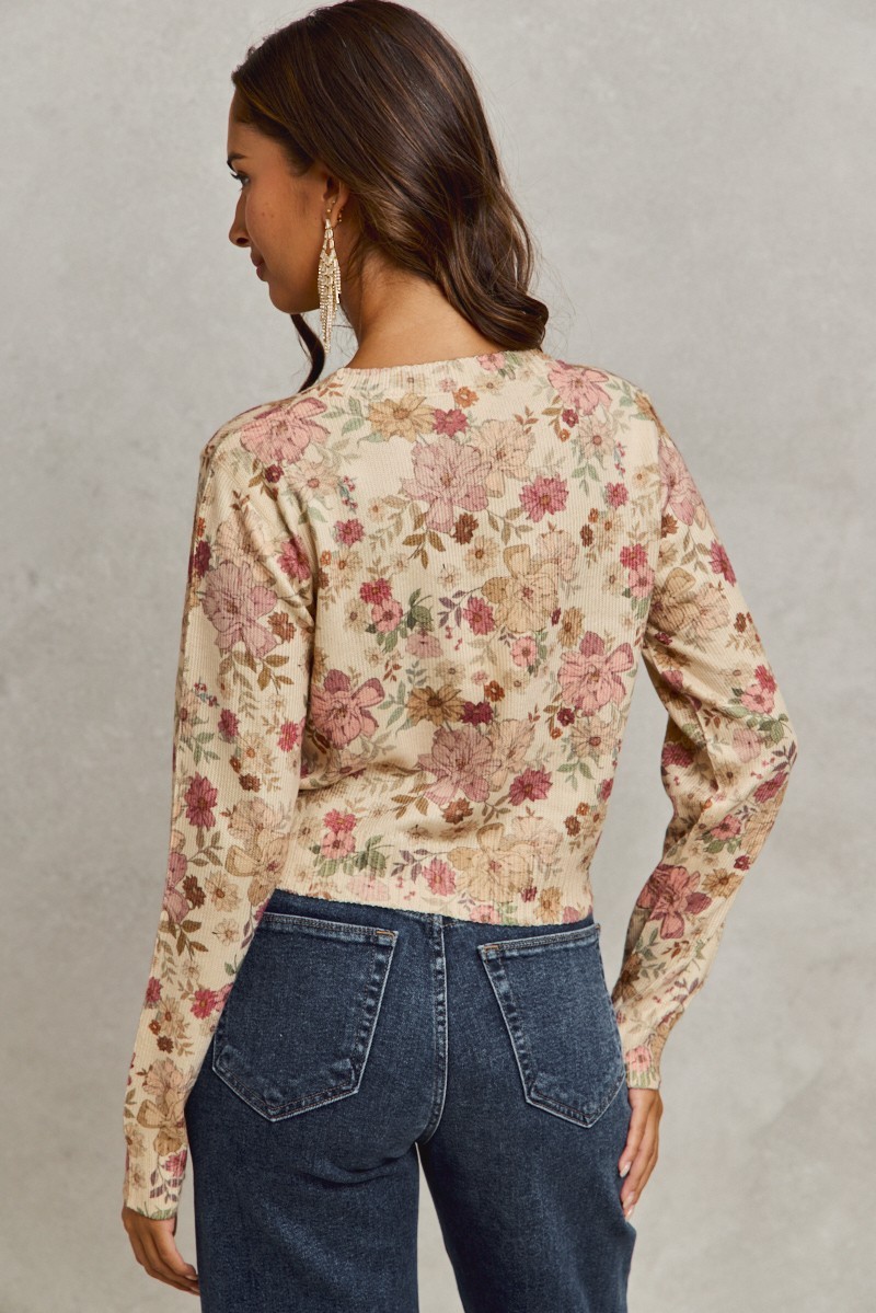 Floral Crew Neck Long Sleeves Sweater Knit Top