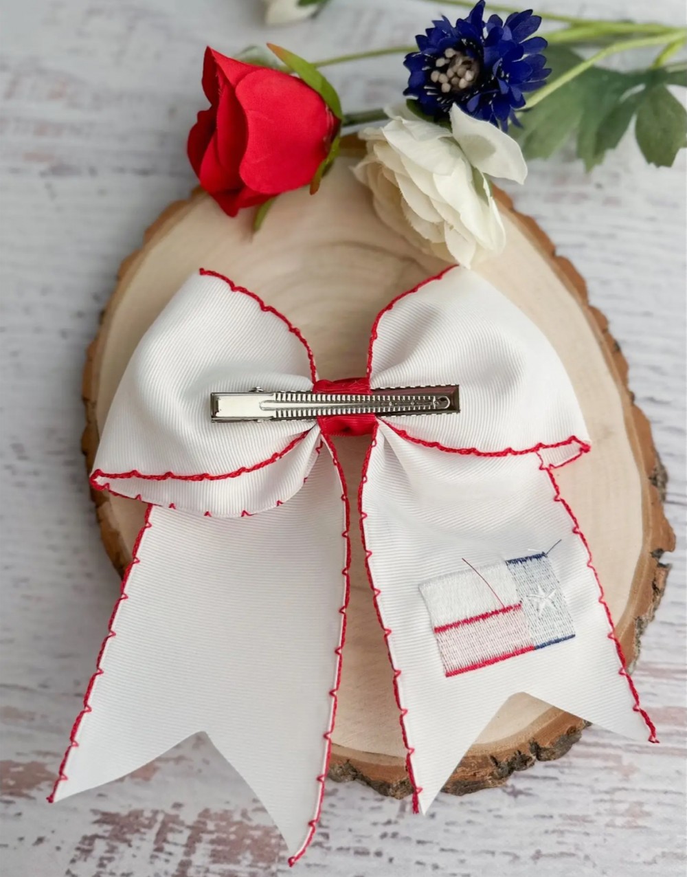 Texas Flag Embroidered Cheer Bow On Clip