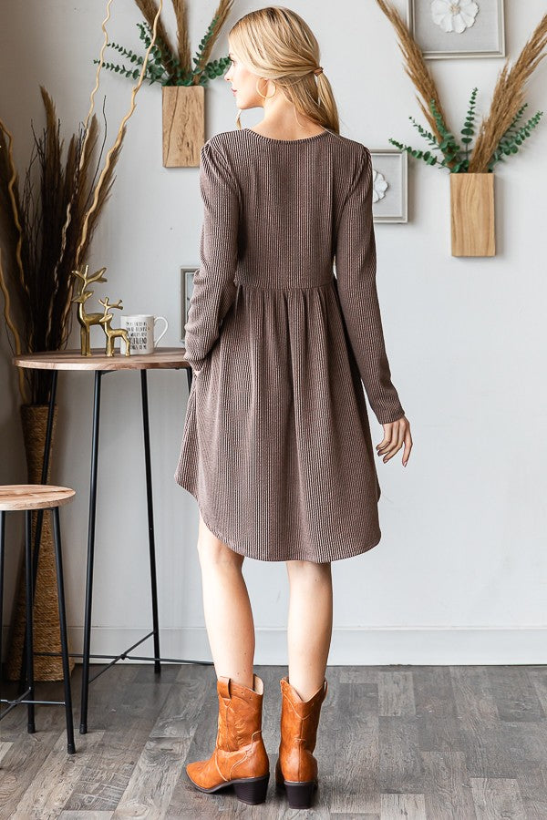 Long Sleeve Solid Urban Ribbed Babydoll Mini Dress