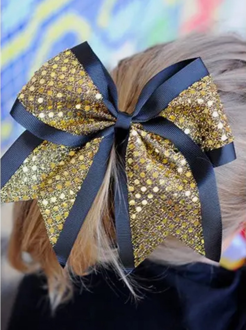 Sequin Cheer Hair Bow Pony-O - Black/Gold