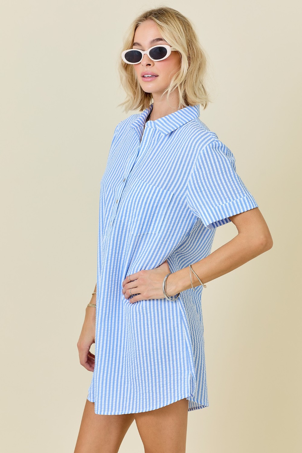 Striped Seersucker Easy Shirt Dress W/ Pockets - Blue