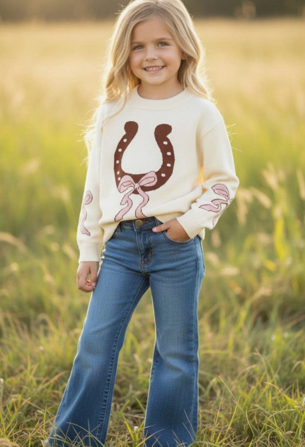 Horseshoe Knit Sweater Pink Bow Sleeves