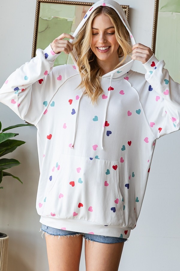 Heart Print Knit Hoodie Top