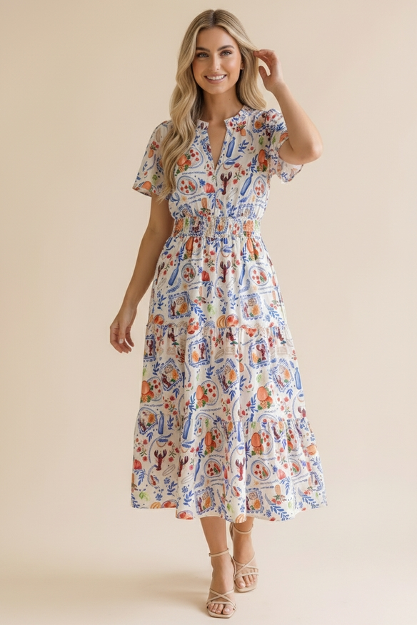 Notch Neck Smocked Waist Lobster Maxi Dress