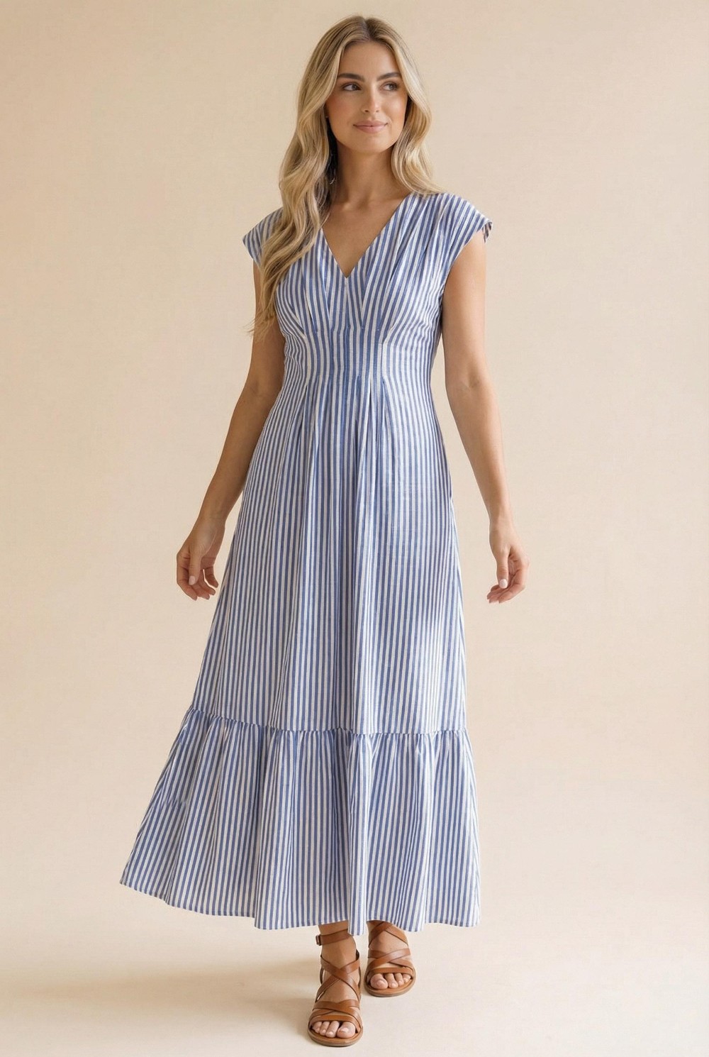 Pleated Back Smocked Waist Stripe Woven Maxi Dress