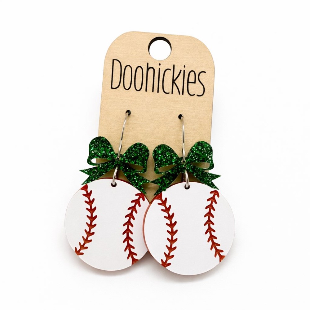 Green Glitter Bow Baseball Dangle Earrings