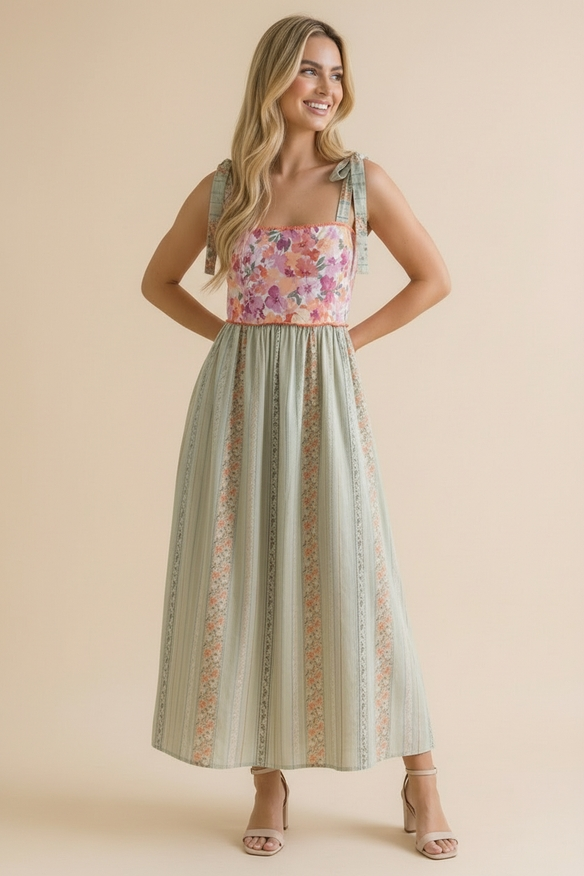 Floral Tube Tie Shoulder Woven Midi Dress - Coral