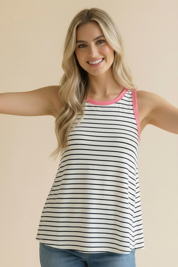Round Neck Color Block Multi Stripe Tank White/Black/Coral