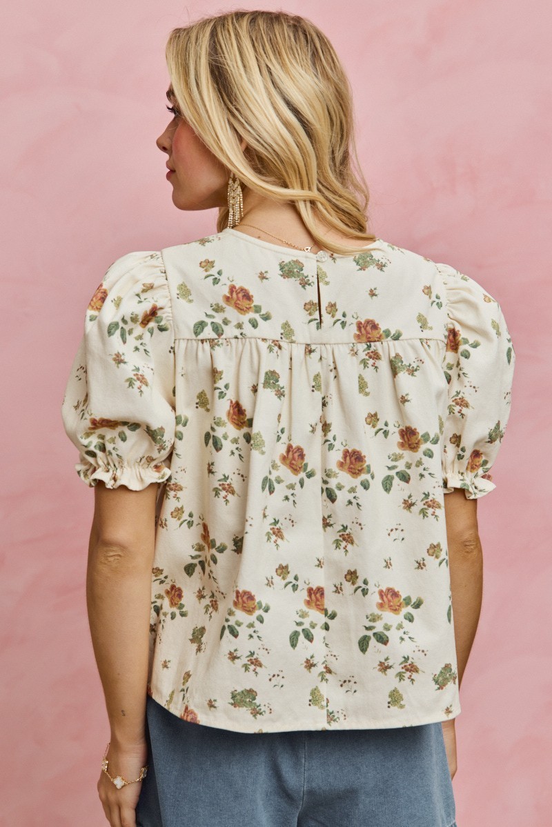 FLORAL ROSE PRINT DENIM SHORT SLEEVES TOP