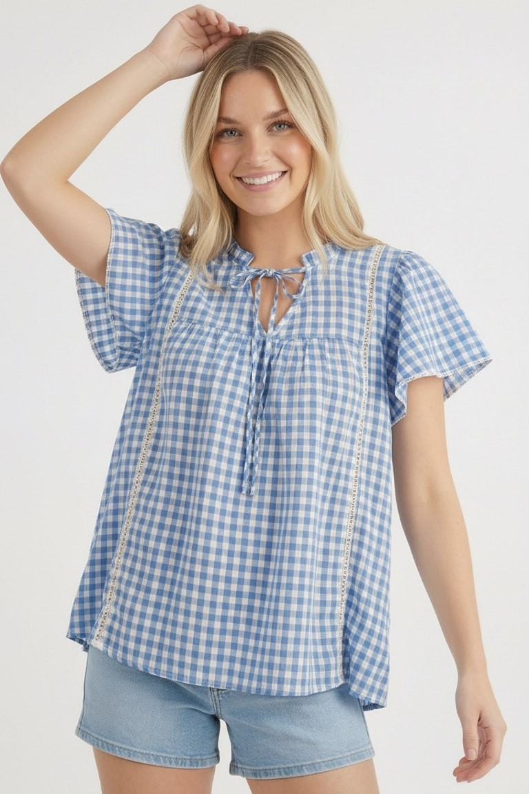 Frill Neck Gingham Crochet Lace Blouse