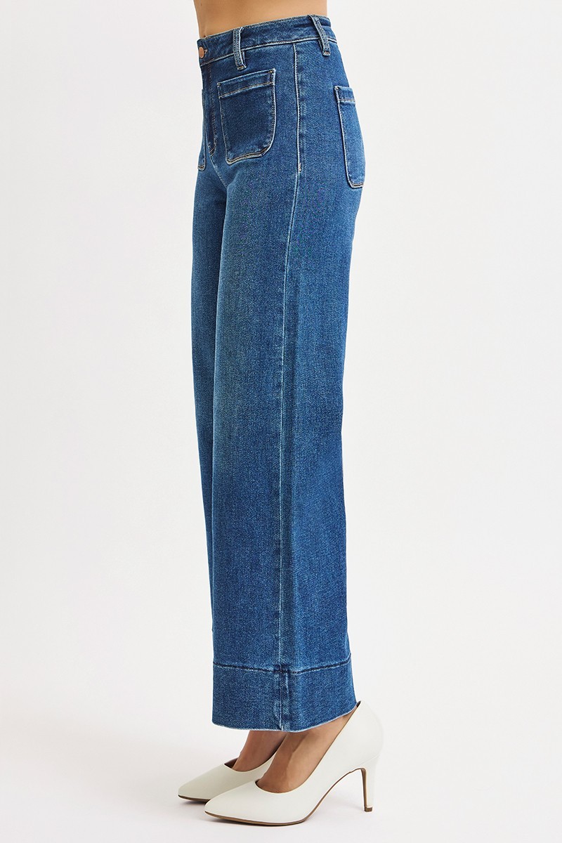 RISEN High Rise Crop Wide Front Patch Pocket Jeans