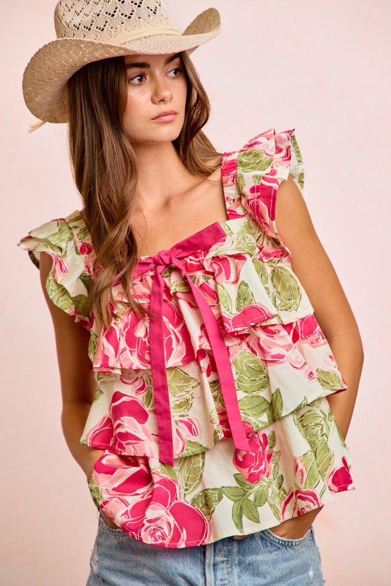 Floral Print Woven Bow Tie Ruffle Square Neck Top