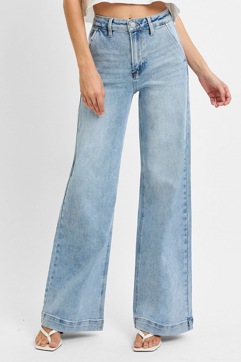 RISEN High Rise Wide Leg Slanted Pocket Jeans