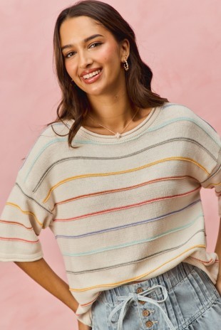 Rainbow Stripe Casual Short Sleeve Sweater