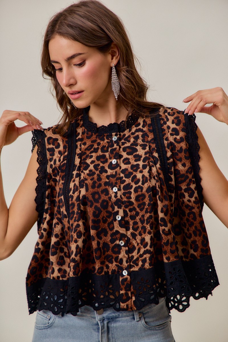 Leopard Button Up Pleated Sleeveless Blouse Top