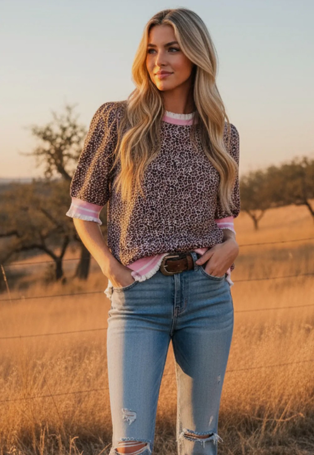 Leopard Print Knit Top with Contrast Trim