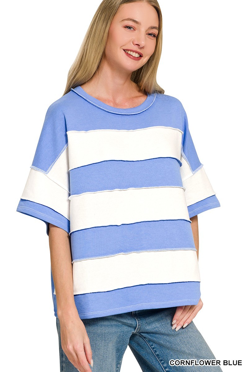 French Terry Striped Exposed Seam Top - Baby Blue