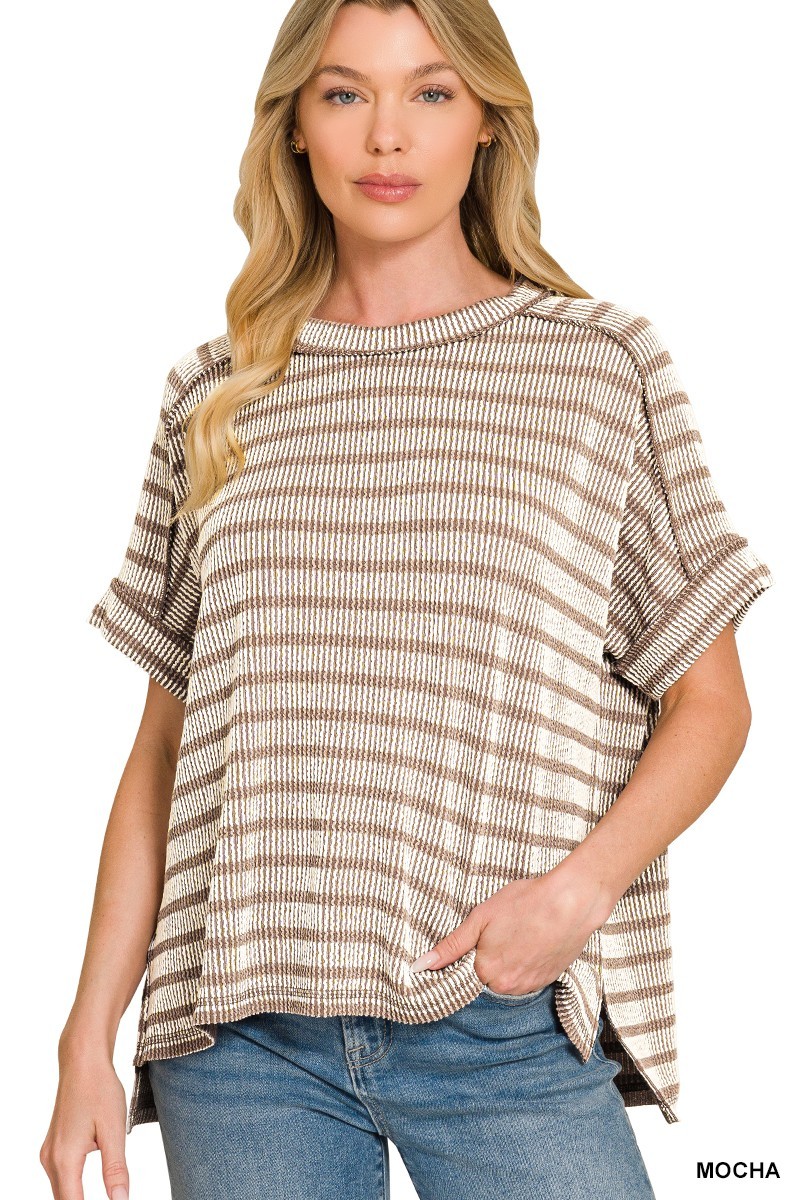 Raised Rib Striped Exposed Seam Top