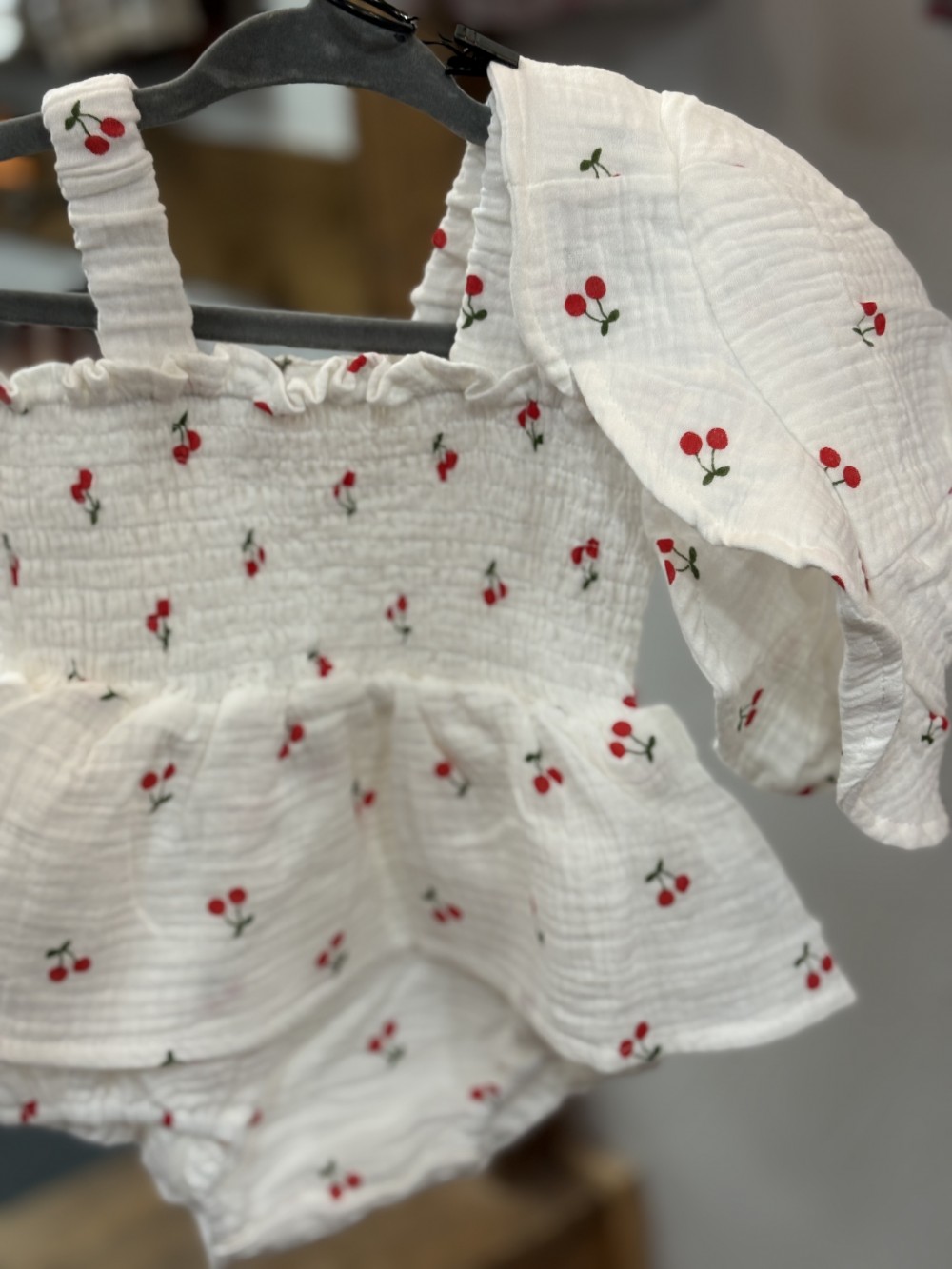 Cherry Smocked Baby Romper & Hat