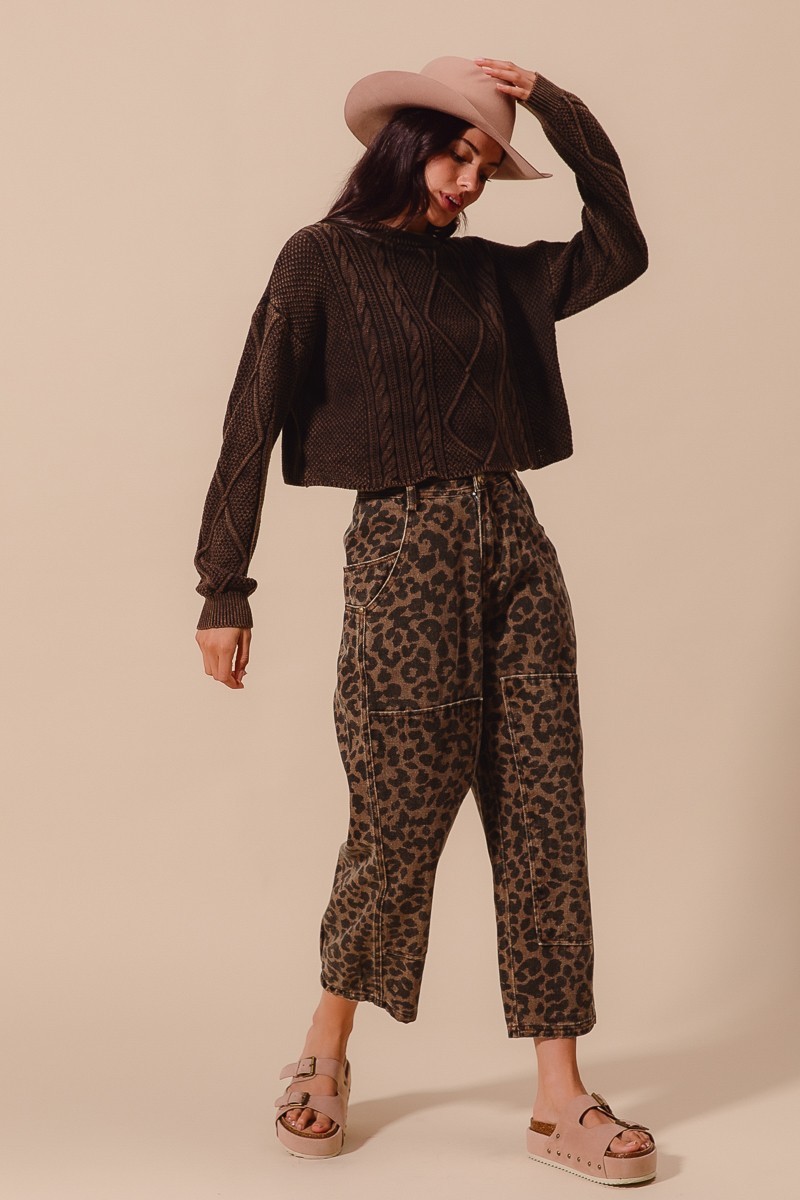Two Toned Leopard Print Twill Mid Rise Wide Pants