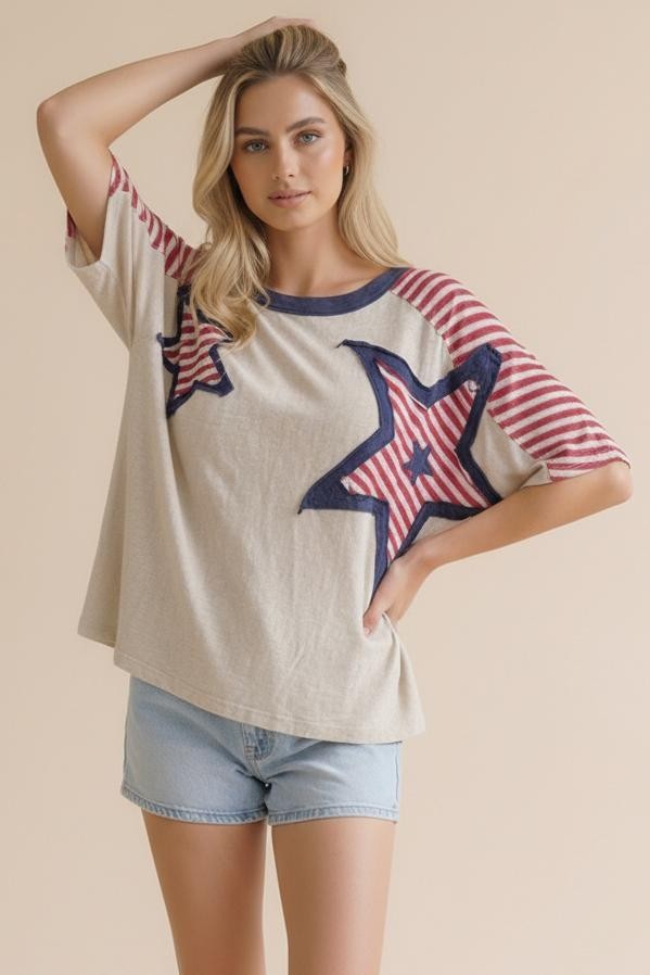 Oversized Star Patch Stripe Color Block Top