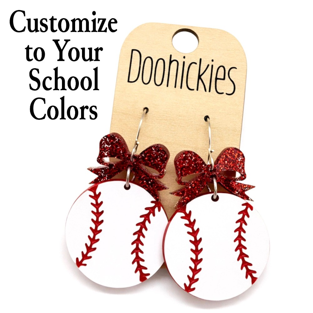 Red Glitter Bow Baseball Dangle Earrings