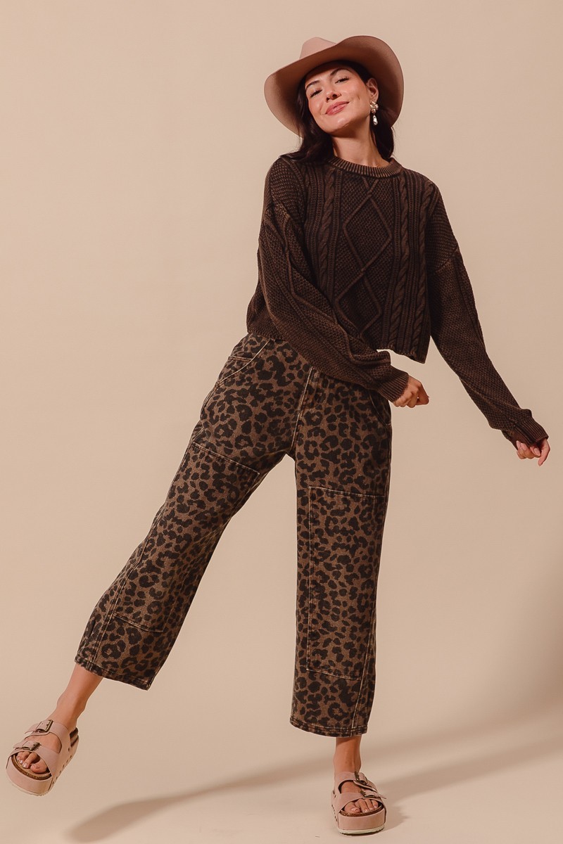 Two Toned Leopard Print Twill Mid Rise Wide Pants