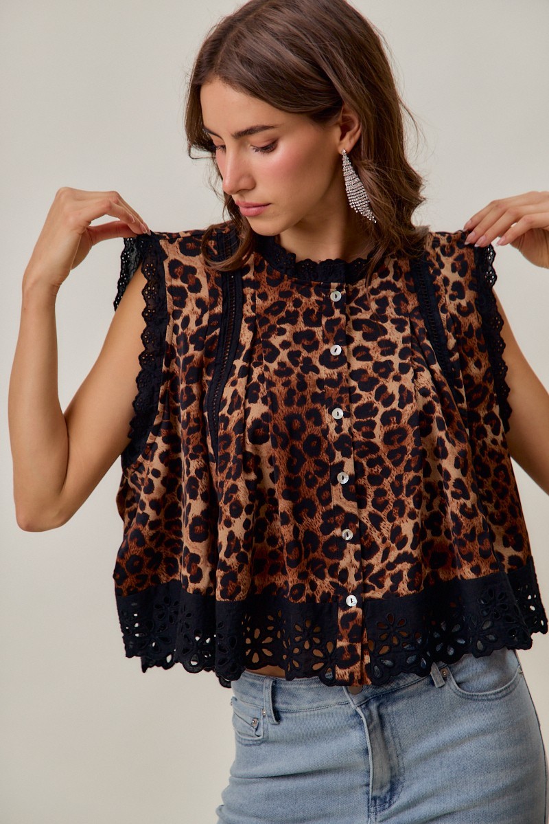 Leopard Button Up Pleated Sleeveless Blouse Top