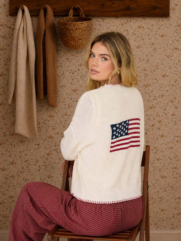 American Flag Contrast Stitch Knit Cardigan