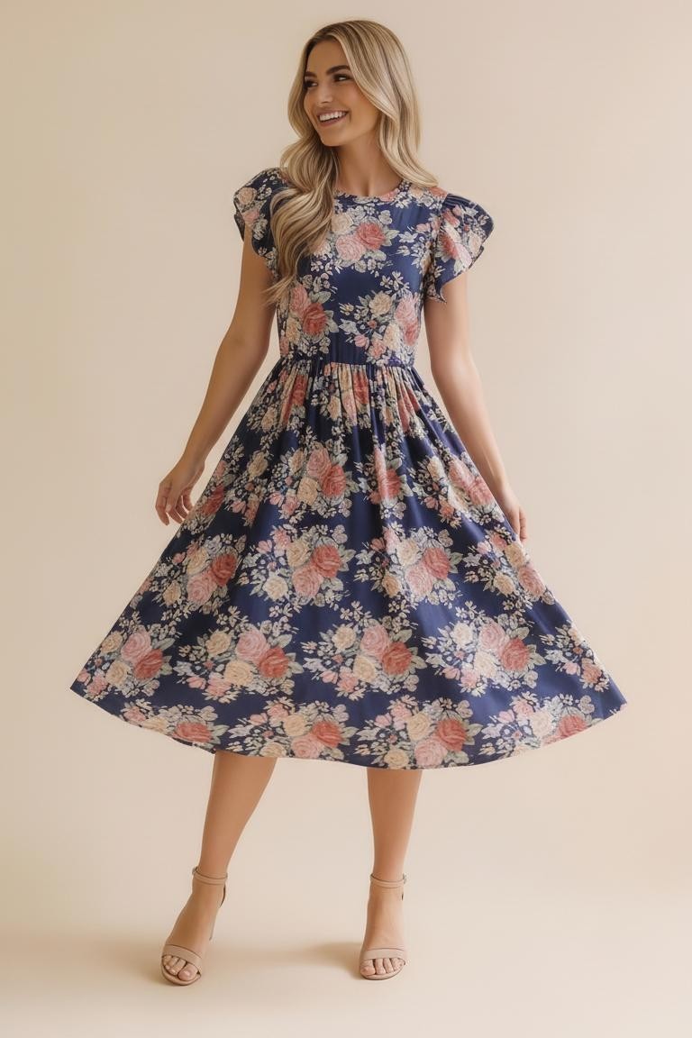 Folded Ruffle Sleeve Babydoll Floral Knit Dress